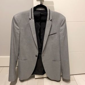 Mens Zara Grey Blazer Size 40 Regular With Subtle Black Neck Trim